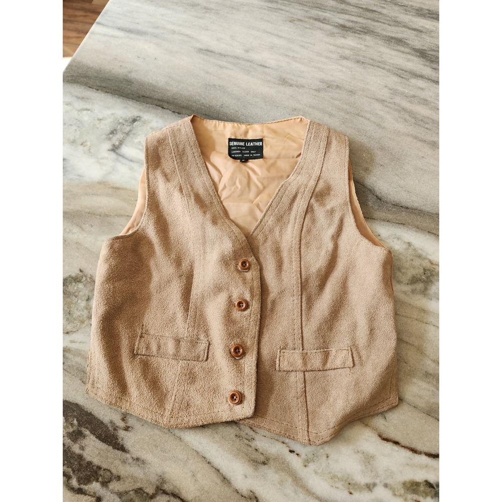 Vintage Genuine Leather Suede Vest Tan Beige Western Boho V-Neck Small